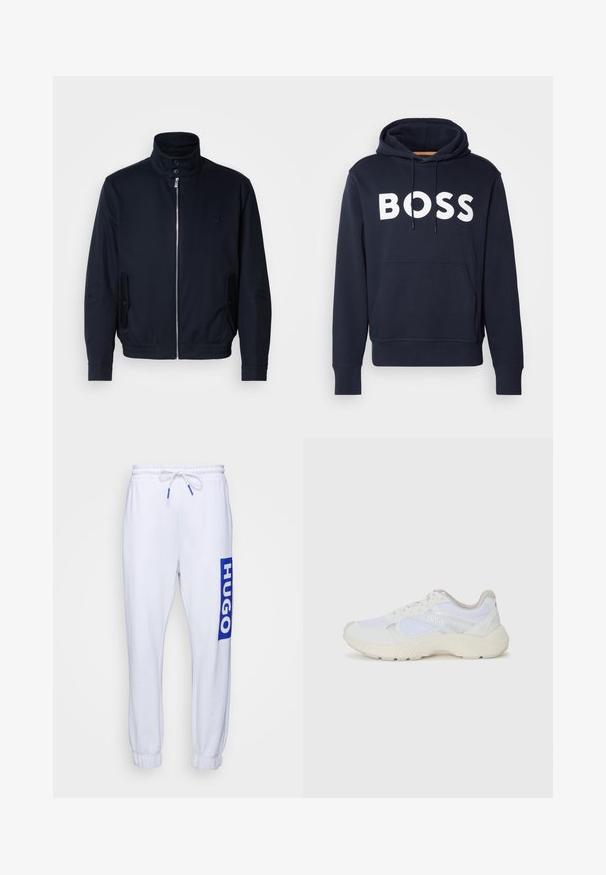 Ναυτικό μπλε μπουφάν με ψηλό γιακά, μπροστινό φερμουάρ, πλαϊνές τσέπες και ριμπ μανσέτες. Λείο ύφασμα με διακριτική λεπτομέρεια λογότυπου στο στήθος.; Σκούρο μπλε βαμβακερή κουκούλα με μπροστινή τσέπη καγκουρό, λευκό λογότυπο "BOSS", ρυθμιζόμενη κορδονάκι και ριγωτούς μανσέτες. Λείος υφασμάτινος χαρακτήρας.; Λευρά φόρμα με ελαστική μέση και κορδόνι. Διαθέτει το μπλε λογότυπο "HUGO" στο αριστερό πόδι. Οι ριπές στο κάτω μέρος προσφέρουν στενή εφαρμογή.; Λευκά αθλητικά παπούτσια από πλέγμα και σουέτ, με υφή στη σόλα, υφές σε διάφορα σημεία και λογότυπο "HUGO" στο πλάι.