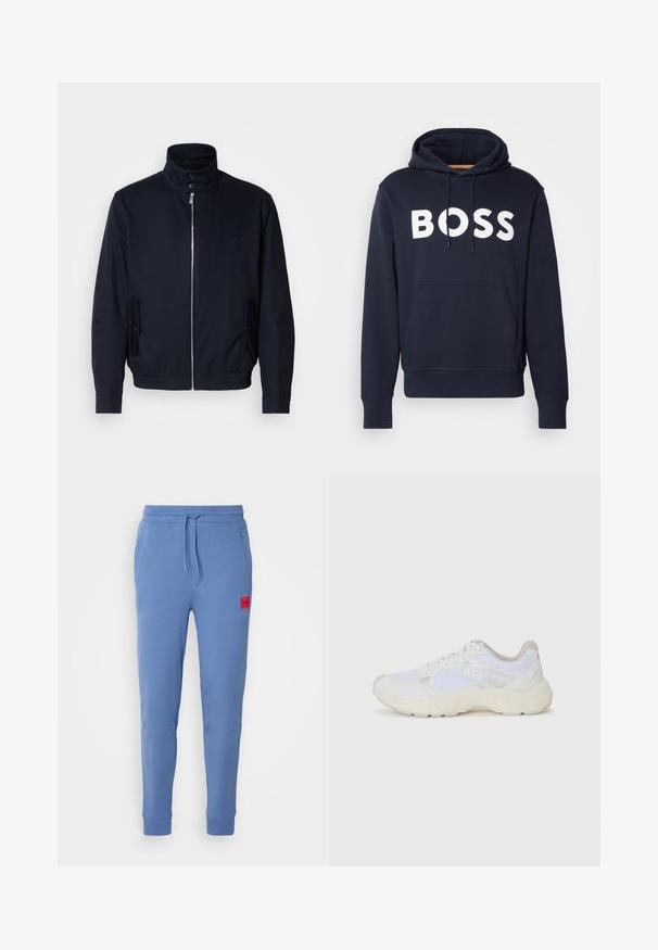 Marineblå jakke med høj krave, frontlynlås, sidelommer og ribstrikkede manchetter. Glat tekstur med en diskret logo detaljer på brystet.; Mørkeblå bomulds-hoodie med frontlomme, hvid "BOSS"-logo, justerbar snor og ribbede manchetter. Glat tekstur.; Blå bomulds joggers med elastisk talje og snor. Har sidelommer og et rødt logo-patch på venstre lår.; Hvide sportssko lavet af mesh og ruskind, med en struktureret mellemsål, strukturerede detaljer og "HUGO"-logoet på siden.