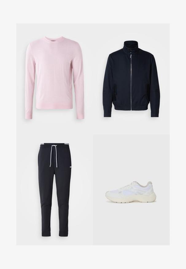 Casaco azul marinho com colarinho alto, fecho éclair frontal, bolsos laterais e punhos canelados. Textura suave com um detalhe logo discreto no peito.; Sweater rosa claro feito de um material de malha suave, com decote redondo, mangas longas e punhos e bainha canelados. Textura lisa, sem padrões.; Calças de jogger ajustadas pretas com cordão branco, cintura elástica com riscas brancas e pequeno logo branco na parte superior da coxa.; Ténis brancos desportivos feitos de malha e camurça, com uma entressola texturizada, elementos texturizados e o logótipo "HUGO" na lateral.