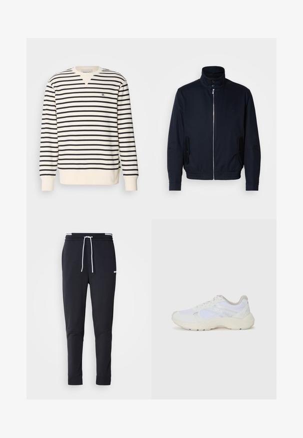 Námořnická modrá bunda s vysokým límcem, předním zipem, bočními kapsami a vroubkovanými manžetami. Hladká textura s jemným logem na hrudi.; Mikina s dlouhým rukávem a designem ve tvaru V. Má střídající se námořnické a krémové pruhy a malé vyšívané logo na hrudi. Materiál je ze směsi bavlny.; Černé slim-fit jogger kalhoty s bílým stahovacím proužkem, elastickým pasem s bílými pruhy a malým bílým logem na horní části stehna.; Bílé sportovní boty vyrobené z síťoviny a semiše, s texturovanou mezipodešví, texturovanými akcenty a logem "HUGO" na boku.