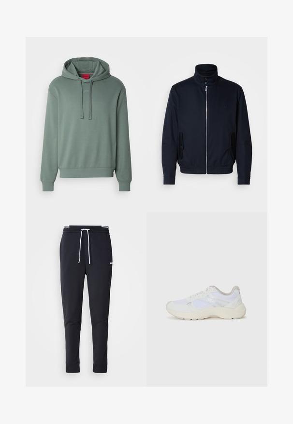Giacca blu navy con colletto alto, zip frontale, tasche laterali e polsini a coste. Texture liscia con un sottile dettaglio del logo sul petto.; Felpa verde realizzata in un morbido misto cotone, con cappuccio regolabile, logo frontale e polsini e orlo a costine. Design semplice e con vestibilità rilassata.; Pantaloni jogger slim-fit neri con cordoncino bianco, vita elastica con strisce bianche e piccolo logo bianco sulla coscia superiore.; Scarpe da ginnastica bianche in mesh e suede, con una suola intermedia testurizzata, dettagli testurizzati e il logo "HUGO" sul lato.