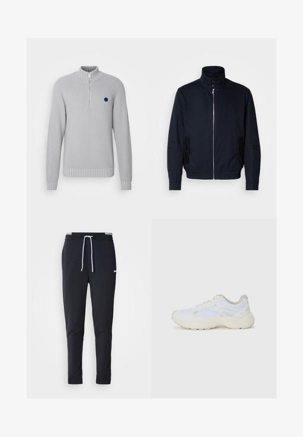 Veste bleu marine avec un col haut, fermeture éclair à l'avant, poches latérales et poignets côtelés. Texture lisse avec un détail logo subtil sur la poitrine.; Pull-over en mélange de gris clair avec un col montant à côtes, un zip sur le devant, des poignets et un ourlet côtelés, orné d'un petit logo bleu sur la poitrine.; Pantalons de jogging slim-fit noirs avec cordon blanc, taille élastique avec rayures blanches et petit logo blanc sur la cuisse supérieure.; Baskets de sport blanches en mesh et en daim, avec une semelle intermédiaire texturée, des accents texturés et le logo "HUGO" sur le côté.