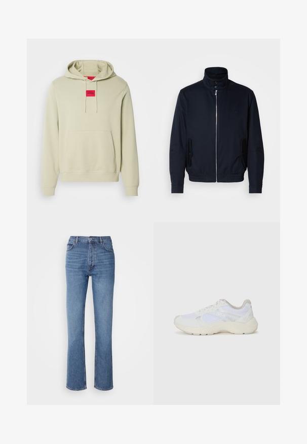 Ναυτικό μπλε μπουφάν με ψηλό γιακά, μπροστινό φερμουάρ, πλαϊνές τσέπες και ριμπ μανσέτες. Λείο ύφασμα με διακριτική λεπτομέρεια λογότυπου στο στήθος.; HUGO DARATSCHI - Φούτερ με κουκούλα - open green; Μπλε τζιν παντελόνι με ψηλή μέση, ίσια γραμμή και διακριτική φθορά. Διαθέτει κλασικό στυλ πέντε τσέπες και κλείσιμο με φερμουάρ.; Λευκά αθλητικά παπούτσια από πλέγμα και σουέτ, με υφή στη σόλα, υφές σε διάφορα σημεία και λογότυπο "HUGO" στο πλάι.