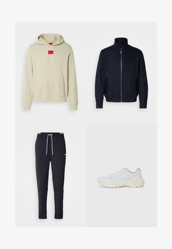 Giacca blu navy con colletto alto, zip frontale, tasche laterali e polsini a coste. Texture liscia con un sottile dettaglio del logo sul petto.; HUGO DARATSCHI - Felpa con cappuccio - open green; Pantaloni jogger slim-fit neri con cordoncino bianco, vita elastica con strisce bianche e piccolo logo bianco sulla coscia superiore.; Scarpe da ginnastica bianche in mesh e suede, con una suola intermedia testurizzata, dettagli testurizzati e il logo "HUGO" sul lato.