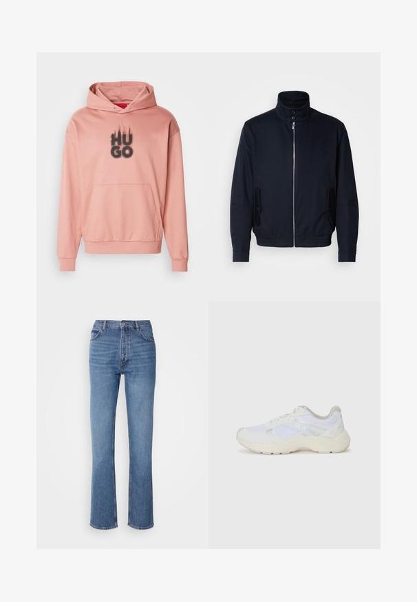 Navy blue jacket with a high collar, front zipper, side pockets, and ribbed cuffs. Smooth texture with a subtle logo detail on the chest.; Pink hoodie made of soft fabric with a kangaroo pocket. Features a black "HUGO" logo centrally displayed with flame accents above.; Blue denim jeans with a high waist, straight-leg design, and subtle fading. Features classic five-pocket styling and a zip fly closure.; White athletic shoes made of mesh and suede, featuring a textured midsole, textured accents, and "HUGO" logo on the side.