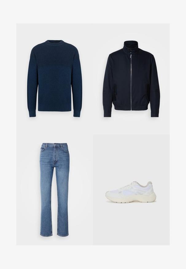 Navy blue jacket with a high collar, front zipper, side pockets, and ribbed cuffs. Smooth texture with a subtle logo detail on the chest.; Navy blue knit sweater with a high round neck and long sleeves, featuring a textured waffle pattern and ribbed cuffs and hem.; Blue denim jeans with a high waist, straight-leg design, and subtle fading. Features classic five-pocket styling and a zip fly closure.; White athletic shoes made of mesh and suede, featuring a textured midsole, textured accents, and "HUGO" logo on the side.