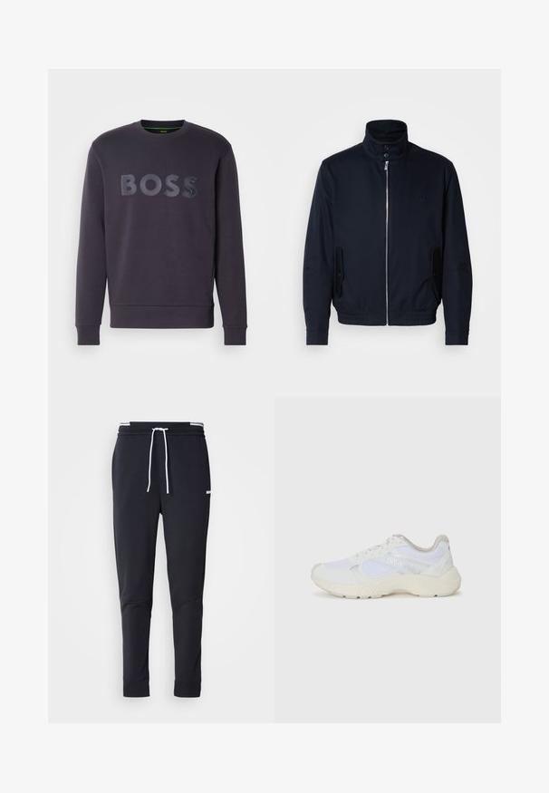 Casaco azul marinho com colarinho alto, fecho éclair frontal, bolsos laterais e punhos canelados. Textura suave com um detalhe logo discreto no peito.; Sweatshirt azul escuro com gola redonda e mangas longas. A parte da frente exibe um logótipo em relevo "BOSS" na mesma cor. Material suave.; Calças de jogger ajustadas pretas com cordão branco, cintura elástica com riscas brancas e pequeno logo branco na parte superior da coxa.; Ténis brancos desportivos feitos de malha e camurça, com uma entressola texturizada, elementos texturizados e o logótipo "HUGO" na lateral.