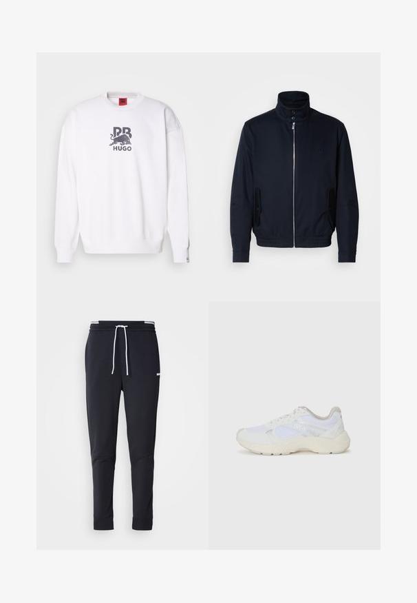 Navy blue jacket with a high collar, front zipper, side pockets, and ribbed cuffs. Smooth texture with a subtle logo detail on the chest.; White sweatshirt with ribbed crew neck, featuring a gray graphic of a bull and "PB HUGO" text. Soft texture, relaxed fit, and long sleeves.; Black slim-fit jogger pants with white drawstring, elastic waistband with white stripes, and small white logo on the upper thigh.; White athletic shoes made of mesh and suede, featuring a textured midsole, textured accents, and "HUGO" logo on the side.