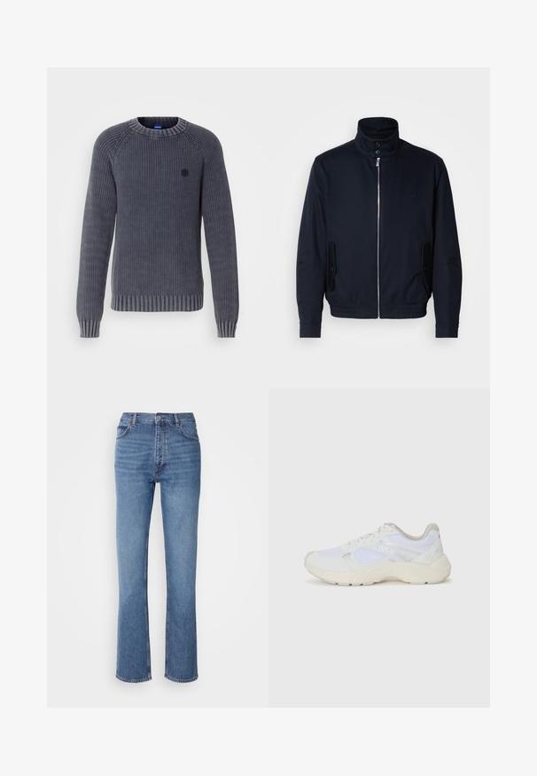 Tumesinine jope, millel on kõrge krae, ees tõmblukk, küljetaskud ja soonikkoes varrukad. Sile tekstuur koos õrnalt logo detailiga rinna piirkonnas.; Hall kootud hall kampsun ribatud servade ja mansettidega, ümar kaelus ja väike brändi logo rinnal. Valmistatud tekstuursetest kangastest.; Sinised denim teksad kõrge vöökoha, sirge jala disaini ja kerge pleekimisega. Omavad klassikalist viit taskut ja tõmbluku sulgemist.; Valged sportlikud jalanõud, mis on valmistatud võrkkangast ja seemisnahast, sisaldavad tekstureeritud vahetald, tekstureeritud aktsentide ning küljes oleva "HUGO" logo.