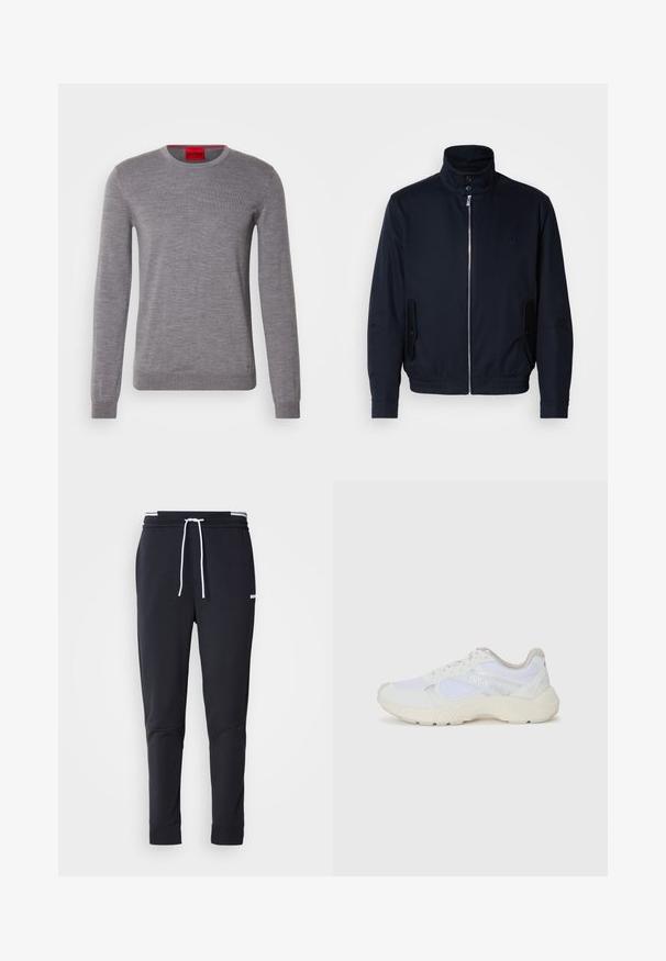 Námořnická modrá bunda s vysokým límcem, předním zipem, bočními kapsami a vroubkovanými manžetami. Hladká textura s jemným logem na hrudi.; HUGO SAN CEDRIC - Svetr - medium grey; Černé slim-fit jogger kalhoty s bílým stahovacím proužkem, elastickým pasem s bílými pruhy a malým bílým logem na horní části stehna.; Bílé sportovní boty vyrobené z síťoviny a semiše, s texturovanou mezipodešví, texturovanými akcenty a logem "HUGO" na boku.