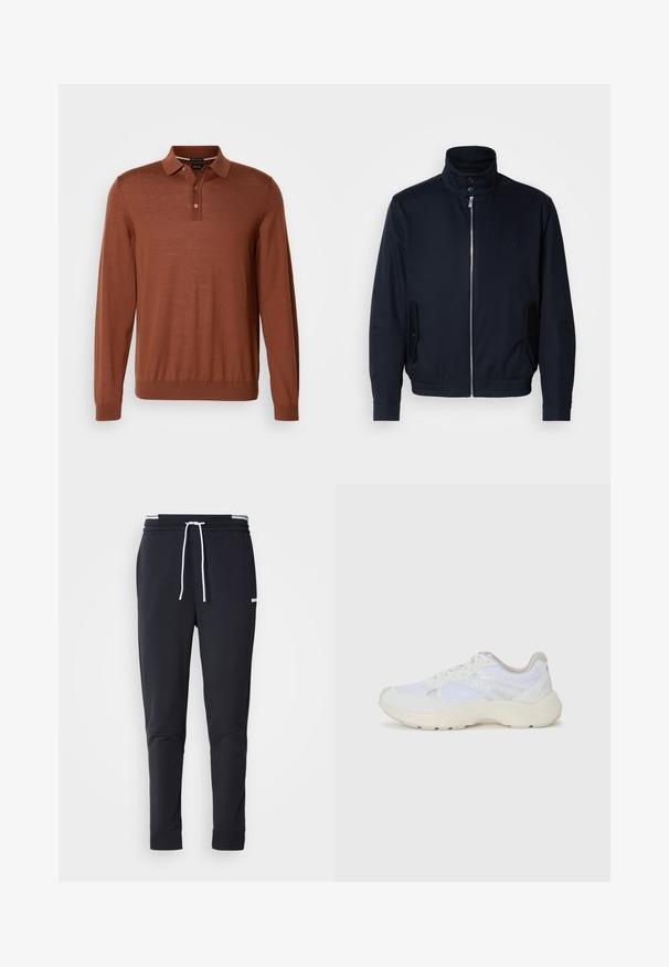 Casaco azul marinho com colarinho alto, fecho éclair frontal, bolsos laterais e punhos canelados. Textura suave com um detalhe logo discreto no peito.; Suéter polo castanho de mangas longas com três botões na pala e punhos e bainha canelados, apresentado contra um fundo branco.; Calças de jogger ajustadas pretas com cordão branco, cintura elástica com riscas brancas e pequeno logo branco na parte superior da coxa.; Ténis brancos desportivos feitos de malha e camurça, com uma entressola texturizada, elementos texturizados e o logótipo "HUGO" na lateral.