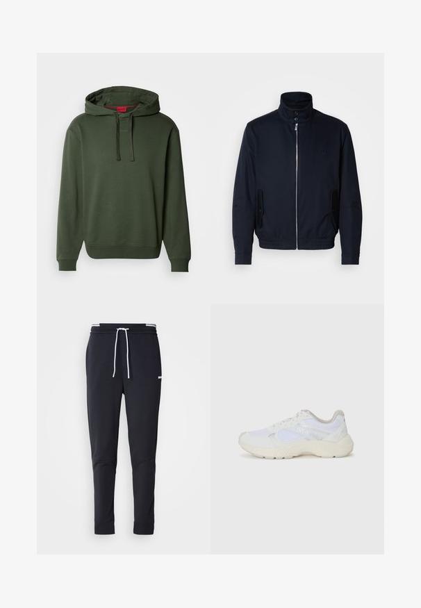 Casaco azul marinho com colarinho alto, fecho éclair frontal, bolsos laterais e punhos canelados. Textura suave com um detalhe logo discreto no peito.; Sweatshirt verde-oliva com um bolso canguru frontal, punhos ribbed e bainha. Apresenta cordões e um logótipo discreto no peito.; Calças de jogger ajustadas pretas com cordão branco, cintura elástica com riscas brancas e pequeno logo branco na parte superior da coxa.; Ténis brancos desportivos feitos de malha e camurça, com uma entressola texturizada, elementos texturizados e o logótipo "HUGO" na lateral.