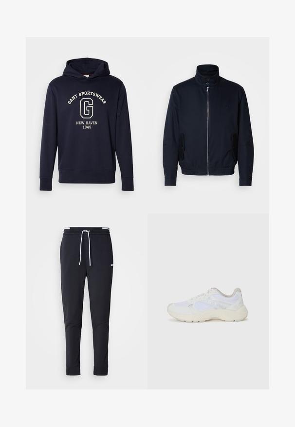 Chaqueta azul marino con un alto cuello, cierre frontal, bolsillos laterales y puños acanalados. Textura suave con un sutil detalle de logo en el pecho.; Sudadera azul marino de algodón, con un bolsillo frontal, puños acanalados y un estampado gráfico que dice "GANT SPORTSWEAR" y "NEW HAVEN 1949."; Pantalones jogger ajustados negros con cordón blanco, cinturilla elástica con rayas blancas y pequeño logotipo blanco en el muslo superior.; Zapatillas deportivas blancas hechas de malla y ante, con una entresuela texturizada, acentos texturizados y el logo "HUGO" en el lateral.