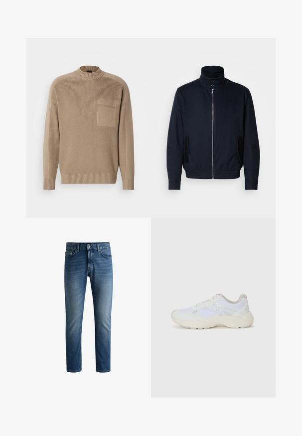 Tumesinine jope, millel on kõrge krae, ees tõmblukk, küljetaskud ja soonikkoes varrukad. Sile tekstuur koos õrnalt logo detailiga rinna piirkonnas.; Beež villane sviiter pikade varrukatega, soonikkoes krae ja mansetid ning vasakul rinnal tekkepocket.; Tumedat sinised teksad sirge lõikega, viie tasku disainiga, kerge kulumisjälgiga reites ja ühekordse nööbiga vöökohtadel.; Valged sportlikud jalanõud, mis on valmistatud võrkkangast ja seemisnahast, sisaldavad tekstureeritud vahetald, tekstureeritud aktsentide ning küljes oleva "HUGO" logo.