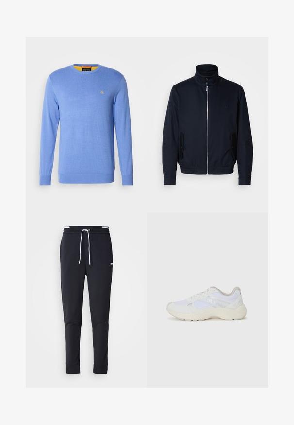 Tamsiai mėlyna striukė su aukšta apykakle, priekine užtrauktuku, šoninėmis kišenėmis ir gipiūriniais rankogaliais. Lygus paviršius su subtiliu logotipu ant krūtinės.; Šviesiai mėlynas megztinis su ilgomis rankovėmis, apvaliu kaklu; turi mažą aukso emblema ant krūtinės ir kontrastingą geltoną vidinį apykaklę.; Juodi liekni džinsai su balta raišteliu, elastinga juosmens juosta su baltais raštais ir maža balta logotipu viršutiniame šlaunies taške.; Balti sportiniai bateliai, pagaminti iš tinklinės medžiagos ir zomšos, su tekstūruotu viduriu, tekstūruotais akcentais ir „HUGO“ logotipu šone.