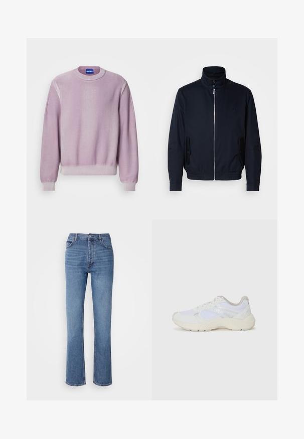 Marineblå jakke med høy krage, glidelås foran, sidelommer og ribbestrikkede mansjetter. Glatt tekstur med en subtil logo detaljer på brystet.; Lilac strikket genser med rund hals, ribbede ermer og kant, med diskret sømdetaljering på skuldrene og en myk tekstur.; Blå denimjeans med høy midje, rett ben-design og subtil falming. Har klassisk fem-lomme stil og glidelås lukking.; Hvit idrettssko laget av mesh og skinn, med en teksturert mellomsåle, teksturerte detaljer og "HUGO"-logo på siden.