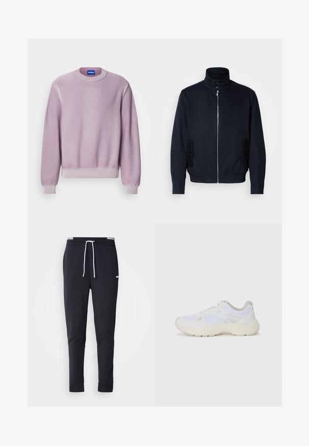 Marineblaue Jacke mit hohem Kragen, Vorderreißverschluss, seitlichen Taschen und gerippten Bündchen. Glatte Textur mit einem dezenten Logodetail auf der Brust.; Lila gestrickter Pullover mit rundem Halsausschnitt, gerippten Bündchen und Saum, der subtile Nahtdetails an den Schultern und eine weiche Textur aufweist.; Schwarze Slim-Fit-Jogginghose mit weißem Kordelzug, elastischem Bund mit weißen Streifen und kleinem weißen Logo am oberen Oberschenkel.; Weiße Sportschuhe aus Mesh und Wildleder, mit einer strukturierten Zwischensohle, strukturierten Akzenten und dem "HUGO"-Logo an der Seite.