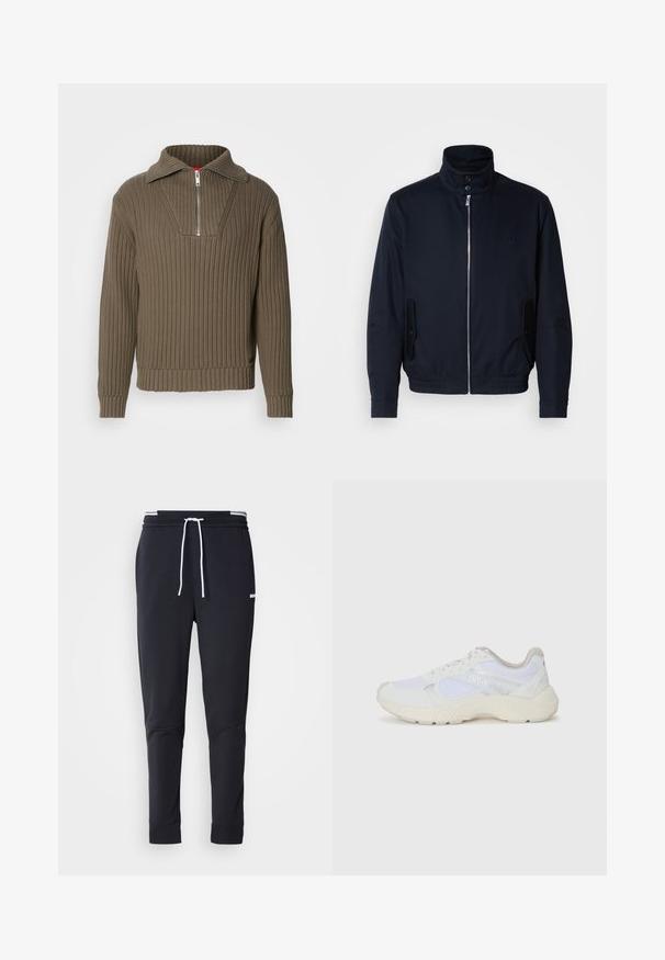 Marineblå jakke med høy krage, glidelås foran, sidelommer og ribbestrikkede mansjetter. Glatt tekstur med en subtil logo detaljer på brystet.; Brun ribbestrikket genser med halv glidelås og bred krage. Har et teksturert stoff og en litt cropped kant. Enkel design.; Sorte slim-fit joggebukser med hvit snor, elastisk midjebånd med hvite striper, og en liten hvit logo på overlåret.; Hvit idrettssko laget av mesh og skinn, med en teksturert mellomsåle, teksturerte detaljer og "HUGO"-logo på siden.