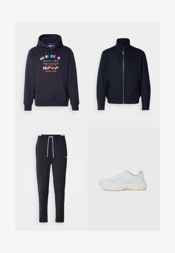 Tengerészkék dzseki magas gallérral, elülső cipzárral, oldalsó zsebekkel és bordázott mandzsettákkal. Sima felület, amelyen diszkrét logórészlet található a mellrészen.; Tengerészeti kapucnis pulóver húzózsinórral, hímzett tengeri zászlókkal és a "GANT USA NEW HAVEN CUP" felirattal különböző színekben. Elöl kenguru zseb.; Fekete, slim-fit rakott nadrág fehér zsinórral, elasztikus derékpánttal, fehér csíkokkal, és kisebb fehér logóval a comb felső részén.; Fehér sportcipők, amelyek hálós és velúr anyagból készültek, texturált középtalppal, texturált részletekkel és a "HUGO" logóval az oldalon.