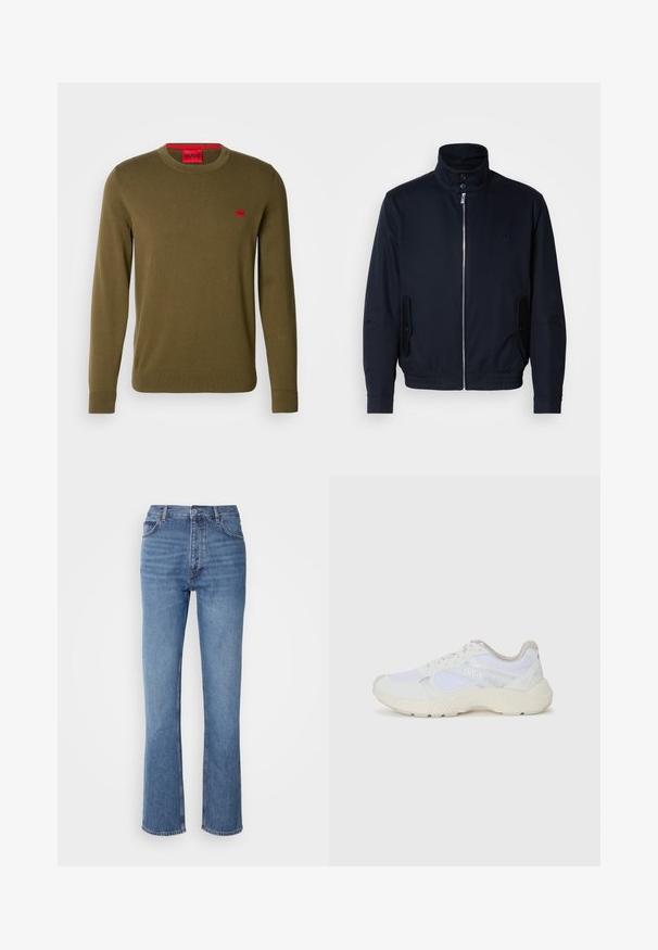 Tumesinine jope, millel on kõrge krae, ees tõmblukk, küljetaskud ja soonikkoes varrukad. Sile tekstuur koos õrnalt logo detailiga rinna piirkonnas.; Olivroheline sviiter pehme kudumiskangaga. Omab ringjat kaela, soonikuid varrukate otsas ja väikest punast logo plaati rinnal.; Sinised denim teksad kõrge vöökoha, sirge jala disaini ja kerge pleekimisega. Omavad klassikalist viit taskut ja tõmbluku sulgemist.; Valged sportlikud jalanõud, mis on valmistatud võrkkangast ja seemisnahast, sisaldavad tekstureeritud vahetald, tekstureeritud aktsentide ning küljes oleva "HUGO" logo.