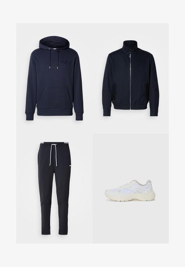 Casaco azul marinho com colarinho alto, fecho éclair frontal, bolsos laterais e punhos canelados. Textura suave com um detalhe logo discreto no peito.; Sweatshirt azul marinho feito de mistura de algodão, com um bolso frontal tipo canguru, cordões ajustáveis, punhos canelados e detalhe de logótipo em relevo.; Calças de jogger ajustadas pretas com cordão branco, cintura elástica com riscas brancas e pequeno logo branco na parte superior da coxa.; Ténis brancos desportivos feitos de malha e camurça, com uma entressola texturizada, elementos texturizados e o logótipo "HUGO" na lateral.
