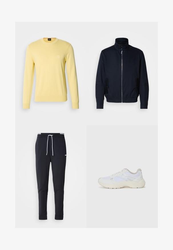 Tamsiai mėlyna striukė su aukšta apykakle, priekine užtrauktuku, šoninėmis kišenėmis ir gipiūriniais rankogaliais. Lygus paviršius su subtiliu logotipu ant krūtinės.; Geltonas megztinis su apvalia iškirpte ir ilgomis rankovėmis. Papuoštas mažuoju kvadratu logotipu krūtinėje. Lygus tekstūras ir prigludęs dizainas.; Juodi liekni džinsai su balta raišteliu, elastinga juosmens juosta su baltais raštais ir maža balta logotipu viršutiniame šlaunies taške.; Balti sportiniai bateliai, pagaminti iš tinklinės medžiagos ir zomšos, su tekstūruotu viduriu, tekstūruotais akcentais ir „HUGO“ logotipu šone.
