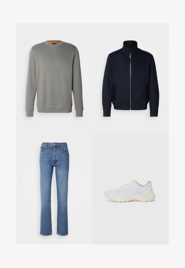Marineblå jakke med høy krage, glidelås foran, sidelommer og ribbestrikkede mansjetter. Glatt tekstur med en subtil logo detaljer på brystet.; BOSS WESTART - Sweatshirt - open grey sixteen; Blå denimjeans med høy midje, rett ben-design og subtil falming. Har klassisk fem-lomme stil og glidelås lukking.; Hvit idrettssko laget av mesh og skinn, med en teksturert mellomsåle, teksturerte detaljer og "HUGO"-logo på siden.