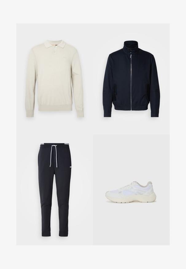 Casaco azul marinho com colarinho alto, fecho éclair frontal, bolsos laterais e punhos canelados. Textura suave com um detalhe logo discreto no peito.; Polo de manga longa em tom creme, feito de um tecido de malha macia. Apresenta um colarinho clássico, dois botões e punhos e barra canelados. Logo discreto no peito.; Calças de jogger ajustadas pretas com cordão branco, cintura elástica com riscas brancas e pequeno logo branco na parte superior da coxa.; Ténis brancos desportivos feitos de malha e camurça, com uma entressola texturizada, elementos texturizados e o logótipo "HUGO" na lateral.
