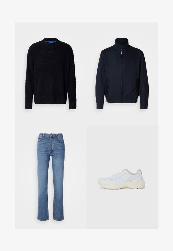 Granatowa kurtka z wysokim kołnierzem, przednim zamkiem, bocznymi kieszeniami i ściągaczami na mankietach. Gładka tekstura z subtelnym logo na klatce piersiowej.; Czarny sweter wykonany z teksturowanej dzianiny, z okrągłym dekoltem, długimi rękawami oraz prążkowanymi mankietami i dołem. Subtelne logo na piersi.; Niebieskie dżinsy o wysokim stanie, prostym kroju nogawek i subtelnych przetarciach. Posiadają klasyczny pięciopakowy styl oraz zamek błyskawiczny.; Białe sportowe buty wykonane z siateczki i zamszu, z teksturowaną podeszwą środkową, teksturowanymi akcentami i logo "HUGO" z boku.