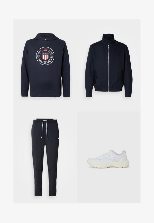 Casaco azul marinho com colarinho alto, fecho éclair frontal, bolsos laterais e punhos canelados. Textura suave com um detalhe logo discreto no peito.; Sweatshirt azul-marinho feito de tecido suave. Apresenta um logotipo circular com acentos em vermelho, branco e azul, texto e capuz com cordão.; Calças de jogger ajustadas pretas com cordão branco, cintura elástica com riscas brancas e pequeno logo branco na parte superior da coxa.; Ténis brancos desportivos feitos de malha e camurça, com uma entressola texturizada, elementos texturizados e o logótipo "HUGO" na lateral.