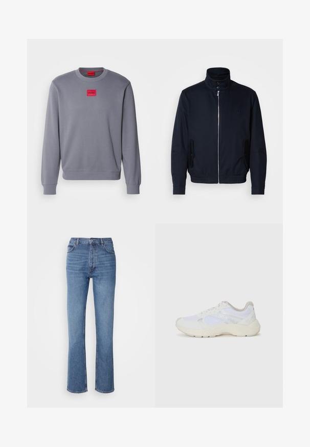 Jūras zils žakets ar augstu apkakli, priekšējo rāvējslēdzi, sānu kabatām un ribotajiem piedurknēm. Gluda tekstūra ar nelielu logotipa detaļu uz krūšu.; Pelēks džemperis no mīkstas auduma ar apaļu kakla izgriezumu, ar sarkanu taisnstūra uzlīmi ar "HUGO" logo uz krūts. Ribinātas aproces un apakšmala.; Zilā denima bikses ar augstu jostasvietu, taisnas kājas dizainu un vieglu nolietojumu. Satur klasisku piecu kabatu stilu un ar rāvējslēdzēju aizdari.; Baltas sporta apavi, kas izgatavoti no sieta un zamšāda, ar teksturētu starpzoli, teksturētām akcentēm un "HUGO" logo sānos.