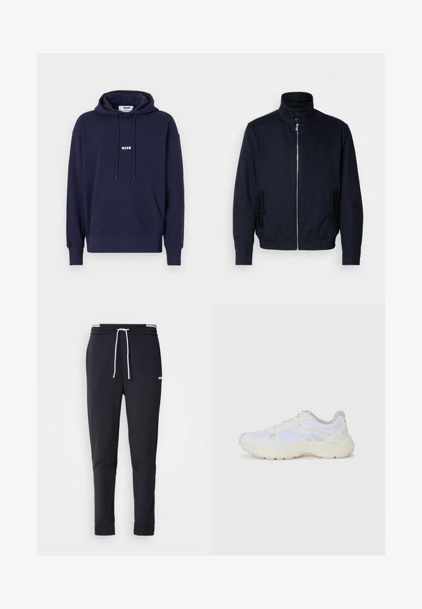 Marineblaue Jacke mit hohem Kragen, Vorderreißverschluss, seitlichen Taschen und gerippten Bündchen. Glatte Textur mit einem dezenten Logodetail auf der Brust.; Marineblauer Hoodie mit einer Fronttasche, Kapuze mit Kordelzug und weißem "MSGM"-Logo auf der Brust. Weiches Material mit gerippten Bündchen und Saum.; Schwarze Slim-Fit-Jogginghose mit weißem Kordelzug, elastischem Bund mit weißen Streifen und kleinem weißen Logo am oberen Oberschenkel.; Weiße Sportschuhe aus Mesh und Wildleder, mit einer strukturierten Zwischensohle, strukturierten Akzenten und dem "HUGO"-Logo an der Seite.