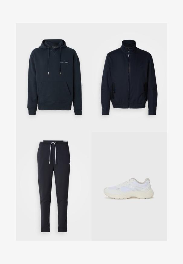 Laivansinis takki, jossa on korkea kaulus, edessä vetoketju, sivutaskut ja ribattu hihansuu. Sileä pinta, jossa on hienovarainen logo-ominaisuus rinnassa.; Navy blue huppari, valmistettu puuvillasta, jossa on kengurulaukku ja valkoinen painettu logo rinnassa, sekä hopeiset nyöriakcentit.; Mustat slim-fit collegehousut, joissa on valkoinen naru, joustava vyötärö valkoisilla raidoilla ja pieni valkoinen logo reiden yläosassa.; Valkoiset urheilukengät, jotka on valmistettu verkkokankaasta ja mokasta, sisältävät tekstuurillisen välipohjan, teksturoituja yksityiskohtia ja "HUGO"-logon sivussa.