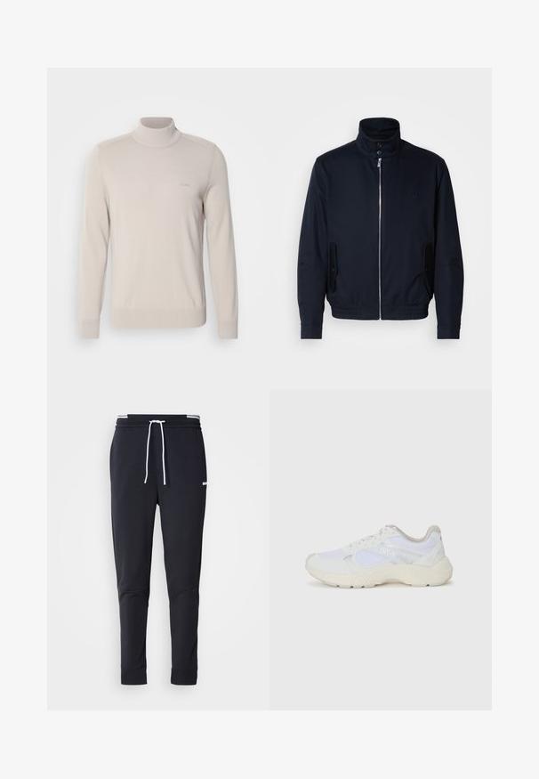 Laivansinis takki, jossa on korkea kaulus, edessä vetoketju, sivutaskut ja ribattu hihansuu. Sileä pinta, jossa on hienovarainen logo-ominaisuus rinnassa.; Vaalea beige poolopaita, joka on valmistettu pehmeästä kankaasta. Varustettu ribbireunuksilla hihoissa ja helmassa sekä hienovaraisella logolla rinnassa. Klassinen muotoilu.; Mustat slim-fit collegehousut, joissa on valkoinen naru, joustava vyötärö valkoisilla raidoilla ja pieni valkoinen logo reiden yläosassa.; Valkoiset urheilukengät, jotka on valmistettu verkkokankaasta ja mokasta, sisältävät tekstuurillisen välipohjan, teksturoituja yksityiskohtia ja "HUGO"-logon sivussa.