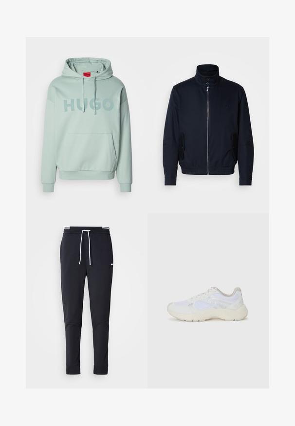 Giacca blu navy con colletto alto, zip frontale, tasche laterali e polsini a coste. Texture liscia con un sottile dettaglio del logo sul petto.; Felpa con capuccio verde chiaro, dotata di tasca anteriore a marsupio, cappuccio con cordino e con la scritta "HUGO" stampata sul petto in grandi lettere.; Pantaloni jogger slim-fit neri con cordoncino bianco, vita elastica con strisce bianche e piccolo logo bianco sulla coscia superiore.; Scarpe da ginnastica bianche in mesh e suede, con una suola intermedia testurizzata, dettagli testurizzati e il logo "HUGO" sul lato.