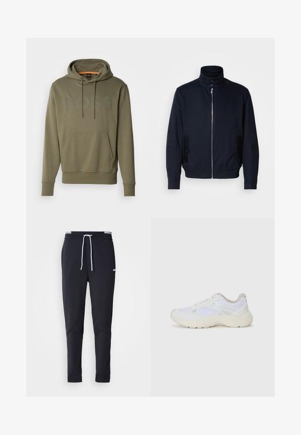 Tamsiai mėlyna striukė su aukšta apykakle, priekine užtrauktuku, šoninėmis kišenėmis ir gipiūriniais rankogaliais. Lygus paviršius su subtiliu logotipu ant krūtinės.; Alyvuogių žalios spalvos džemperis su dideliu „BOSS“ logotipu kiek tamsesnėje spalvoje. Turi priekinius kengūros tipo kišenes ir reguliuojamą gobtuvą su raišteliu.; Juodi liekni džinsai su balta raišteliu, elastinga juosmens juosta su baltais raštais ir maža balta logotipu viršutiniame šlaunies taške.; Balti sportiniai bateliai, pagaminti iš tinklinės medžiagos ir zomšos, su tekstūruotu viduriu, tekstūruotais akcentais ir „HUGO“ logotipu šone.