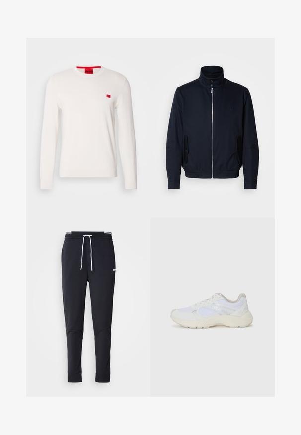 Giacca blu navy con colletto alto, zip frontale, tasche laterali e polsini a coste. Texture liscia con un sottile dettaglio del logo sul petto.; Maglione bianco a girocollo con maniche lunghe, realizzato in un tessuto morbido. Presenta un piccolo patch con logo rosso sul petto e un'etichetta rossa a contrasto sul colletto.; Pantaloni jogger slim-fit neri con cordoncino bianco, vita elastica con strisce bianche e piccolo logo bianco sulla coscia superiore.; Scarpe da ginnastica bianche in mesh e suede, con una suola intermedia testurizzata, dettagli testurizzati e il logo "HUGO" sul lato.