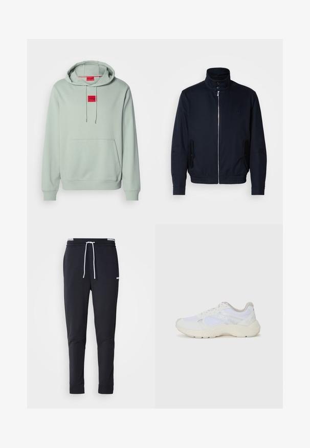 Navy blue jacket with a high collar, front zipper, side pockets, and ribbed cuffs. Smooth texture with a subtle logo detail on the chest.; Light green pullover hoodie with front kangaroo pocket and red "HUGO" logo patches on chest and inside collar.; Black slim-fit jogger pants with white drawstring, elastic waistband with white stripes, and small white logo on the upper thigh.; White athletic shoes made of mesh and suede, featuring a textured midsole, textured accents, and "HUGO" logo on the side.