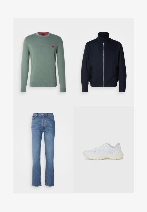 Navy blue jacket with a high collar, front zipper, side pockets, and ribbed cuffs. Smooth texture with a subtle logo detail on the chest.; Green knit sweater with long sleeves, crew neck, and ribbed cuffs. Features a small red logo patch on the chest. Smooth texture, minimal design.; Blue denim jeans with a high waist, straight-leg design, and subtle fading. Features classic five-pocket styling and a zip fly closure.; White athletic shoes made of mesh and suede, featuring a textured midsole, textured accents, and "HUGO" logo on the side.