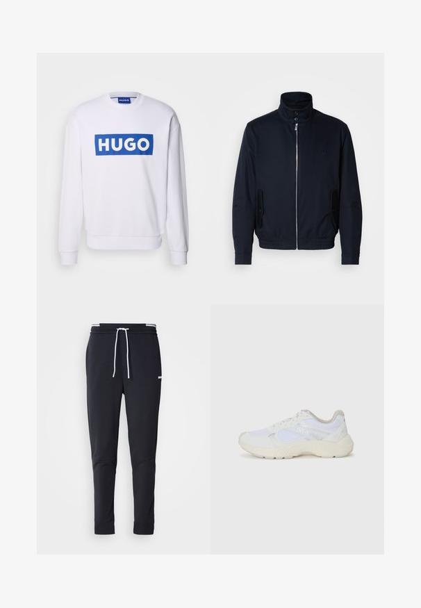 Marineblå jakke med høy krage, glidelås foran, sidelommer og ribbestrikkede mansjetter. Glatt tekstur med en subtil logo detaljer på brystet.; Hvit sweatshirt med lange ermer, med en stor blå rektangulær logo som står "HUGO" i hvite store bokstaver over brystet.; Sorte slim-fit joggebukser med hvit snor, elastisk midjebånd med hvite striper, og en liten hvit logo på overlåret.; Hvit idrettssko laget av mesh og skinn, med en teksturert mellomsåle, teksturerte detaljer og "HUGO"-logo på siden.
