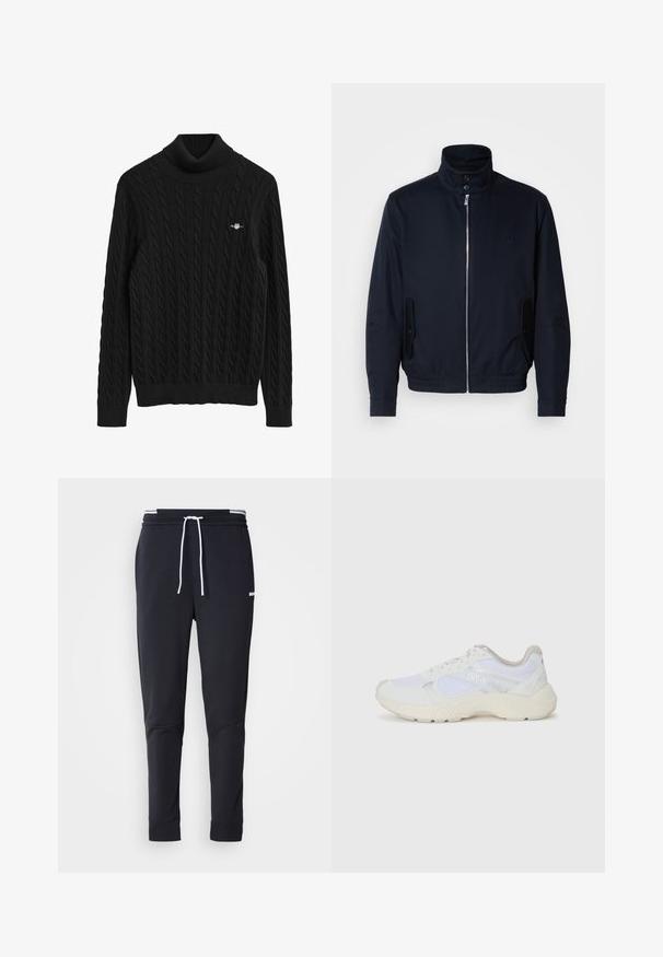 Tamsiai mėlyna striukė su aukšta apykakle, priekine užtrauktuku, šoninėmis kišenėmis ir gipiūriniais rankogaliais. Lygus paviršius su subtiliu logotipu ant krūtinės.; Juodas kabeliu austu megztinis su aukštu kaklu, su raštuotomis rankovėmis ir apačia. Yra tekstūruotas raštas ir mažas logotipas ant krūtinės.; Juodi liekni džinsai su balta raišteliu, elastinga juosmens juosta su baltais raštais ir maža balta logotipu viršutiniame šlaunies taške.; Balti sportiniai bateliai, pagaminti iš tinklinės medžiagos ir zomšos, su tekstūruotu viduriu, tekstūruotais akcentais ir „HUGO“ logotipu šone.