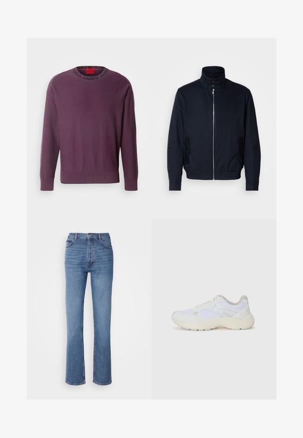 Marineblaue Jacke mit hohem Kragen, Vorderreißverschluss, seitlichen Taschen und gerippten Bündchen. Glatte Textur mit einem dezenten Logodetail auf der Brust.; HUGO SMARLO - Strickpullover - open purple; Blaue Denim-Jeans mit hoher Taille, geradem Bein und dezenter Ausbleichung. Verfügt über einen klassischen Fünf-Taschen-Stil und einen Reißverschluss.; Weiße Sportschuhe aus Mesh und Wildleder, mit einer strukturierten Zwischensohle, strukturierten Akzenten und dem "HUGO"-Logo an der Seite.