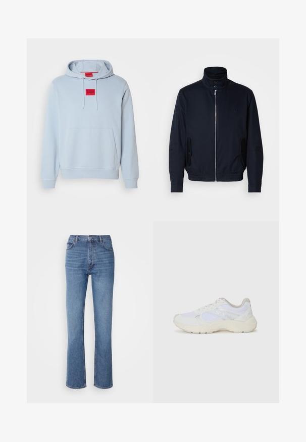 Navy blue jacket with a high collar, front zipper, side pockets, and ribbed cuffs. Smooth texture with a subtle logo detail on the chest.; Light blue hoodie made of soft fabric, featuring a front kangaroo pocket, drawstring hood, and a red square logo at the chest.; Blue denim jeans with a high waist, straight-leg design, and subtle fading. Features classic five-pocket styling and a zip fly closure.; White athletic shoes made of mesh and suede, featuring a textured midsole, textured accents, and "HUGO" logo on the side.