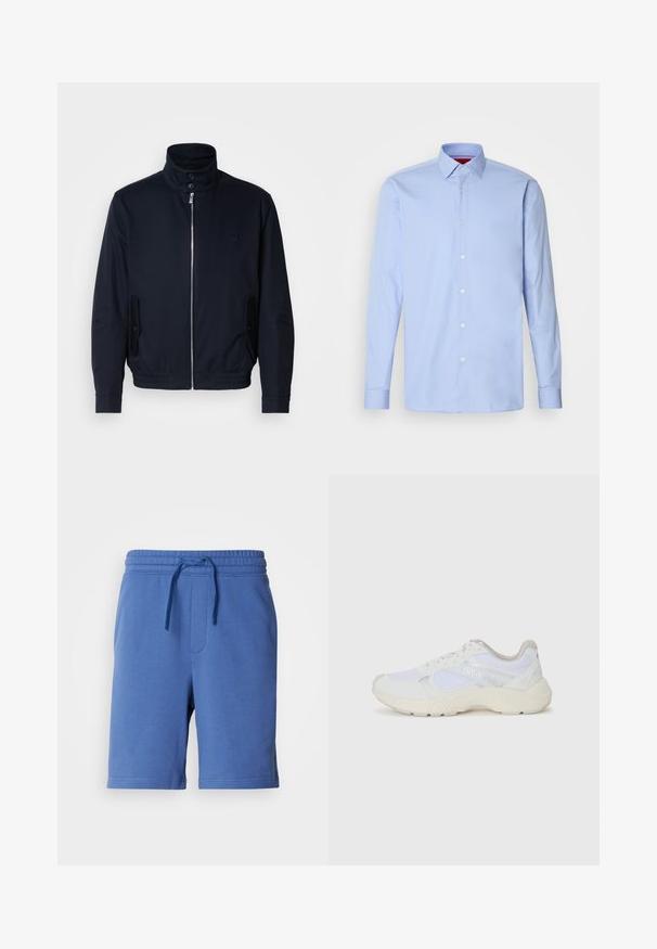 Chaqueta azul marino con un alto cuello, cierre frontal, bolsillos laterales y puños acanalados. Textura suave con un sutil detalle de logo en el pecho.; Camisa de dress de manga larga azul claro, confeccionada en algodón, con cuello clásico y cierre de botones en el frente con botones blancos. Textura suave.; Pantalones cortos de algodón azules con cintura elástica, cordón y bolsillo lateral. Textura suave, diseño hasta la rodilla y detalle de marca minimalista.; Zapatillas deportivas blancas hechas de malla y ante, con una entresuela texturizada, acentos texturizados y el logo "HUGO" en el lateral.