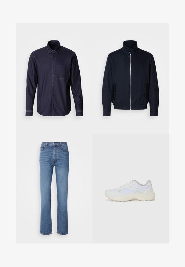 Marineblå jakke med høy krage, glidelås foran, sidelommer og ribbestrikkede mansjetter. Glatt tekstur med en subtil logo detaljer på brystet.; Marineblå skjorte med knappestolpe i bomullsblanding, med hvite kontrastsømmer, brystlomme, og klassisk kragedesign.; Blå denimjeans med høy midje, rett ben-design og subtil falming. Har klassisk fem-lomme stil og glidelås lukking.; Hvit idrettssko laget av mesh og skinn, med en teksturert mellomsåle, teksturerte detaljer og "HUGO"-logo på siden.