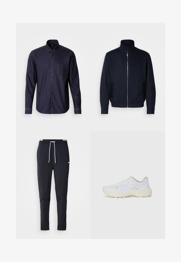 Tamsiai mėlyna striukė su aukšta apykakle, priekine užtrauktuku, šoninėmis kišenėmis ir gipiūriniais rankogaliais. Lygus paviršius su subtiliu logotipu ant krūtinės.; Navy spalvos marškiniai su mygtukais, pagaminti iš medvilnės mišinio, su baltomis kontrastingomis siūlėmis, krūtinės kišene ir klasikinio apykaklės dizainu.; Juodi liekni džinsai su balta raišteliu, elastinga juosmens juosta su baltais raštais ir maža balta logotipu viršutiniame šlaunies taške.; Balti sportiniai bateliai, pagaminti iš tinklinės medžiagos ir zomšos, su tekstūruotu viduriu, tekstūruotais akcentais ir „HUGO“ logotipu šone.