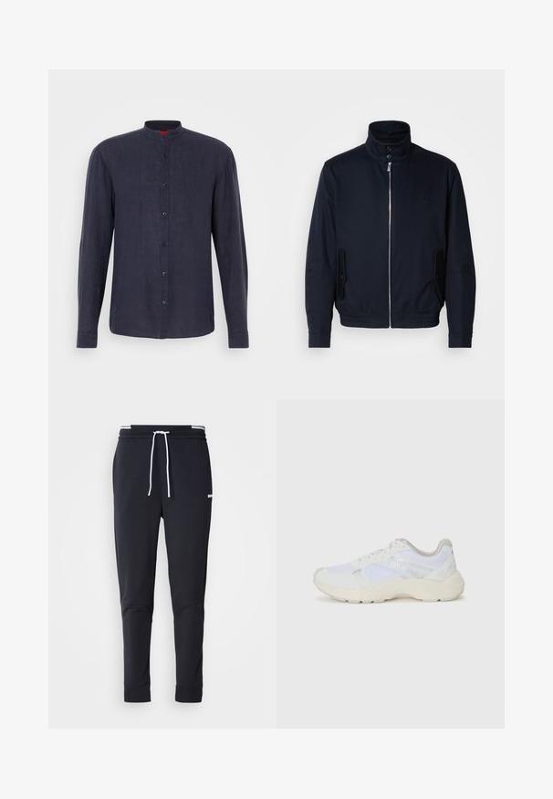 Granatowa kurtka z wysokim kołnierzem, przednim zamkiem, bocznymi kieszeniami i ściągaczami na mankietach. Gładka tekstura z subtelnym logo na klatce piersiowej.; Koszula z długim rękawem w ciemnonawowym materiale z kołnierzykiem stójkowym, z zapięciem na guziki z przodu oraz subtelną teksturą. Guziki są ciemne i równo rozmieszczone.; Czarne, dopasowane spodnie dresowe z białym sznurkiem zaciskowym, elastycznym pasem w białe paski oraz małym białym logo na górnej części uda.; Białe sportowe buty wykonane z siateczki i zamszu, z teksturowaną podeszwą środkową, teksturowanymi akcentami i logo "HUGO" z boku.