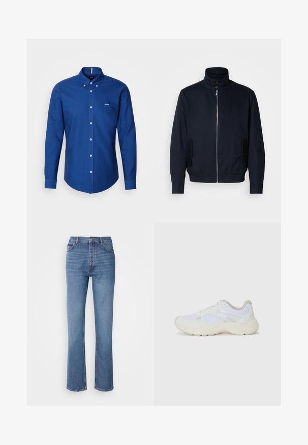 Marineblå jakke med høy krage, glidelås foran, sidelommer og ribbestrikkede mansjetter. Glatt tekstur med en subtil logo detaljer på brystet.; BOSS ROAN - Skjorte - open blue; Blå denimjeans med høy midje, rett ben-design og subtil falming. Har klassisk fem-lomme stil og glidelås lukking.; Hvit idrettssko laget av mesh og skinn, med en teksturert mellomsåle, teksturerte detaljer og "HUGO"-logo på siden.