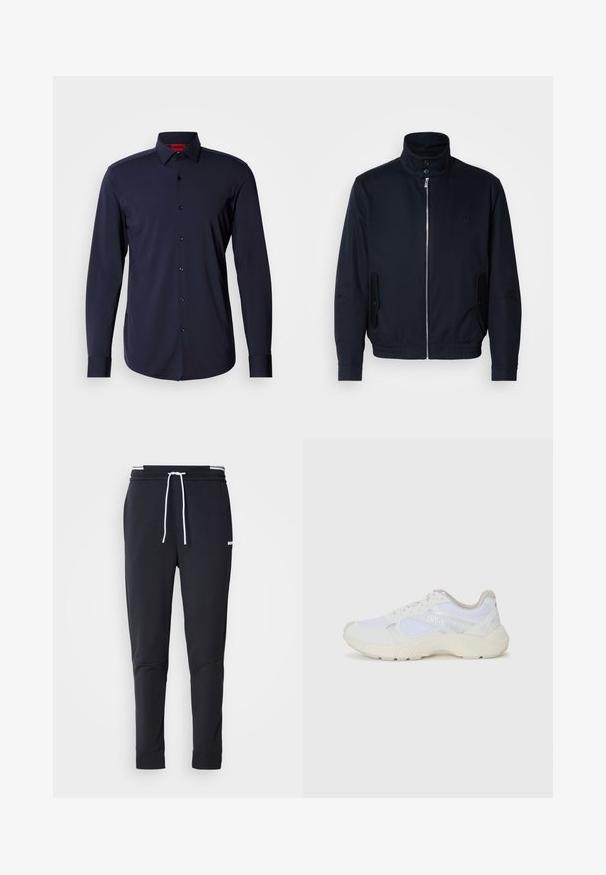Tengerészkék dzseki magas gallérral, elülső cipzárral, oldalsó zsebekkel és bordázott mandzsettákkal. Sima felület, amelyen diszkrét logórészlet található a mellrészen.; Sötétkék, hosszú ujjú, gombos ing sima anyagból, széles gallérral, fekete gombokkal és karcsú szabású mandzsettákkal.; Fekete, slim-fit rakott nadrág fehér zsinórral, elasztikus derékpánttal, fehér csíkokkal, és kisebb fehér logóval a comb felső részén.; Fehér sportcipők, amelyek hálós és velúr anyagból készültek, texturált középtalppal, texturált részletekkel és a "HUGO" logóval az oldalon.