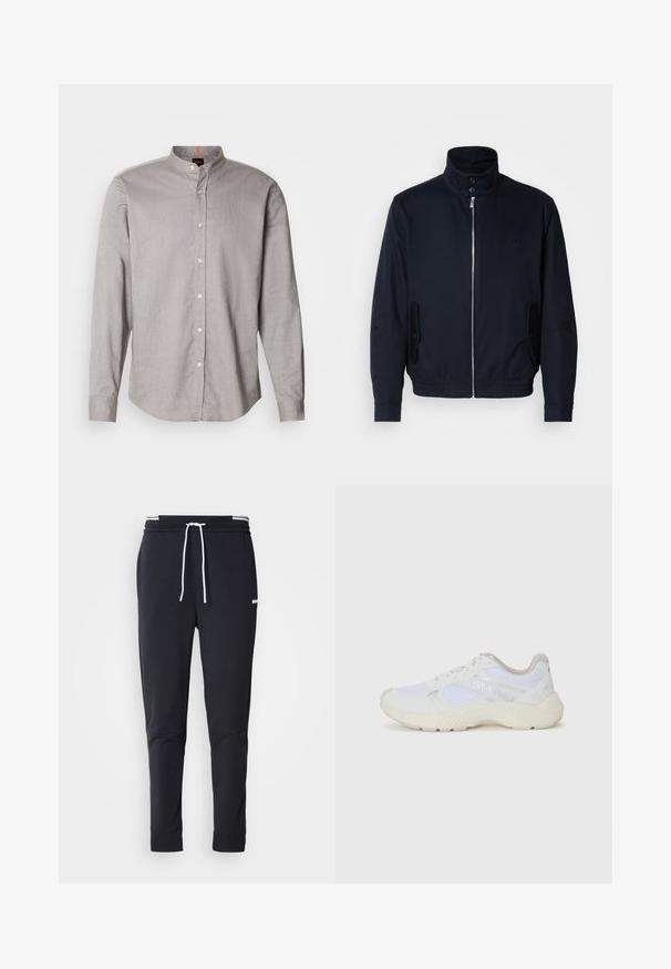 Granatowa kurtka z wysokim kołnierzem, przednim zamkiem, bocznymi kieszeniami i ściągaczami na mankietach. Gładka tekstura z subtelnym logo na klatce piersiowej.; Jasnoszara koszula z długim rękawem i stójką, zapinana na guziki z gładką teksturą. Posiada białe guziki oraz zaokrąglony dół.; Czarne, dopasowane spodnie dresowe z białym sznurkiem zaciskowym, elastycznym pasem w białe paski oraz małym białym logo na górnej części uda.; Białe sportowe buty wykonane z siateczki i zamszu, z teksturowaną podeszwą środkową, teksturowanymi akcentami i logo "HUGO" z boku.